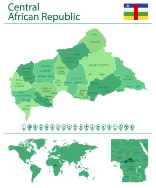 Ülke bayrağı ve dünya haritasında yeri olan Orta Afrika Cumhuriyeti 'nin ayrıntılı haritası. Vektör illüstrasyonu