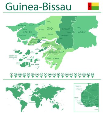 Detailed map of Guinea-Bissau with country flag and location on world map. Vector illustration