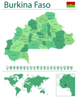 Detailed map of Burkina Faso with country flag and location on world map. Vector illustration