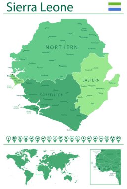 Detailed map of Sierra Leone with country flag and location on world map. Vector illustration