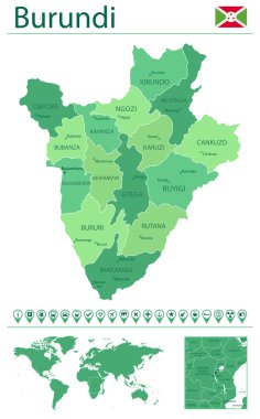 Detailed map of Burundi with country flag and location on world map. Vector illustration