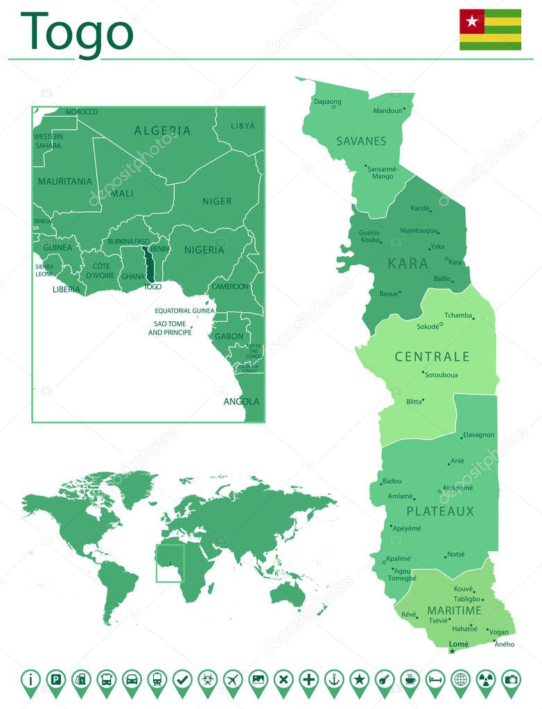 Detailed map of Togo with country flag and location on world map. Vector illustration