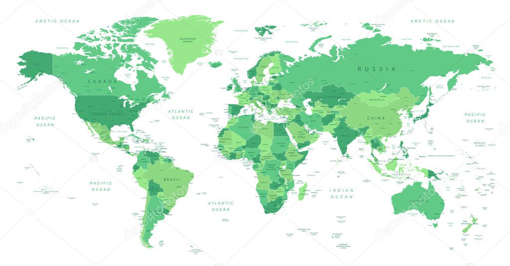 World Map. Highly detailed map of the world with detailed borders of all countries with cities, capitals and regions, in green colors.