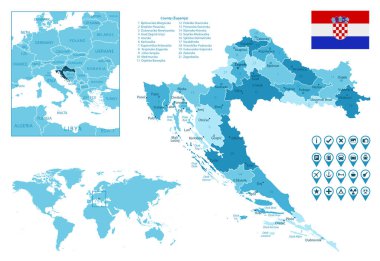 Hırvatistan, dünya haritasında ülke bayrağı ve konumuna sahip idari mavi haritayı ayrıntılı olarak açıkladı.