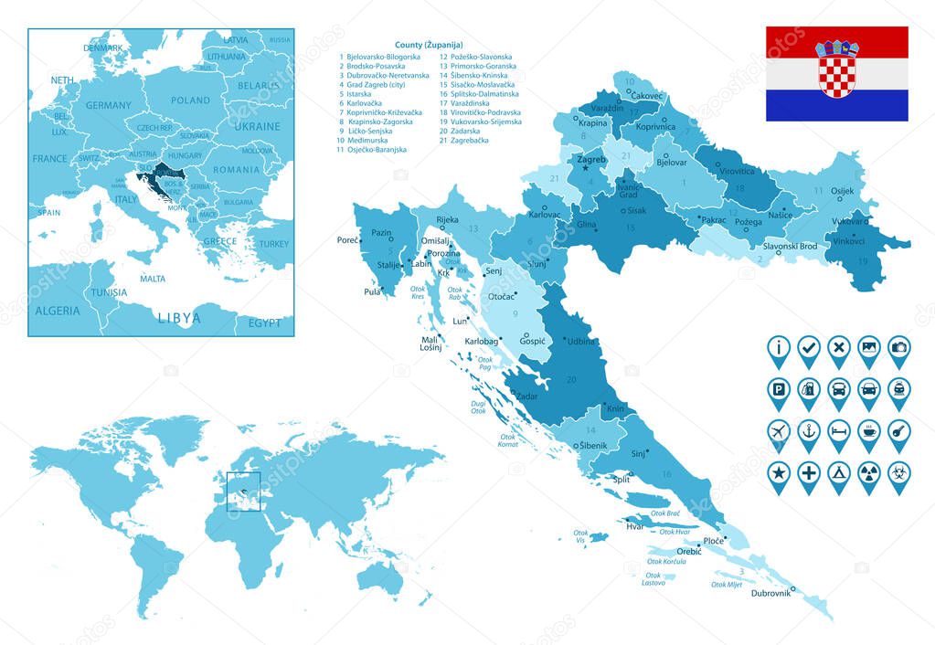 Croatia detailed administrative blue map with country flag and location on the world map.