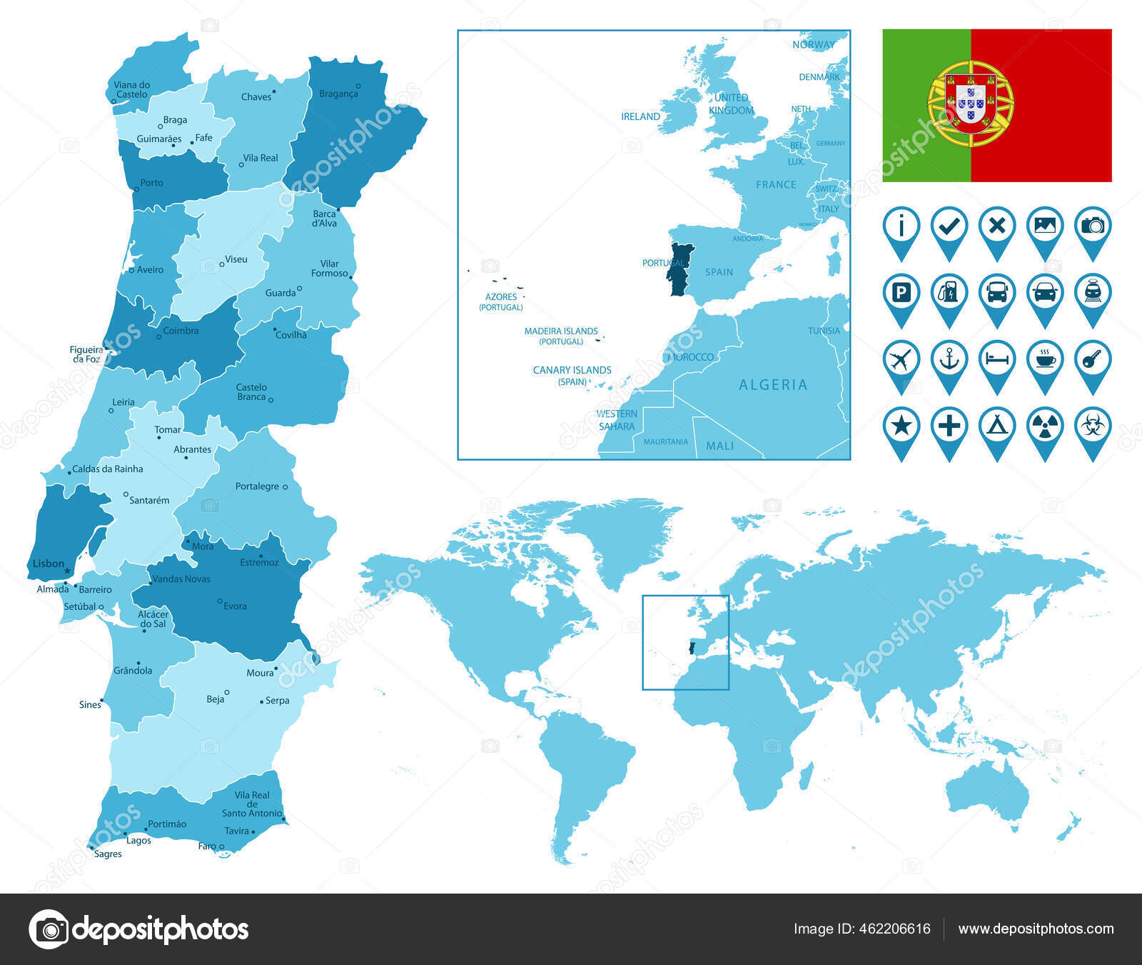 Mapa de portugal e localização na ilustração vetorial do mapa da europa