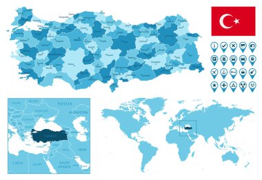 Türkiye, dünya haritasında ülke bayrağı ve konumuna sahip idari mavi haritayı ayrıntılı olarak açıkladı.