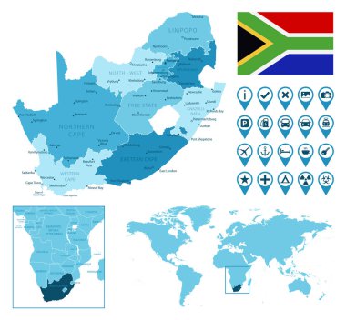 Güney Afrika, dünya haritasında ülke bayrağı ve konumu olan idari mavi haritayı ayrıntılı olarak açıkladı.