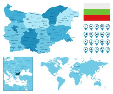 Bulgaristan, dünya haritasında ülke bayrağı ve konumuna sahip idari mavi haritayı ayrıntılı olarak açıkladı.