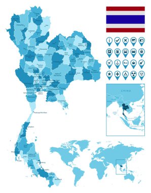 Tayland, dünya haritasında ülke bayrağı ve konumuna sahip idari mavi harita.