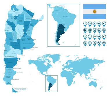 Arjantin, dünya haritasında ülke bayrağı ve konumu bulunan idari mavi haritayı ayrıntılı olarak açıkladı..