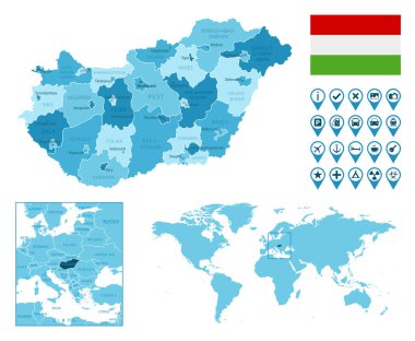 Macaristan, dünya haritasında ülke bayrağı ve konumuyla ilgili ayrıntılı idari mavi harita.