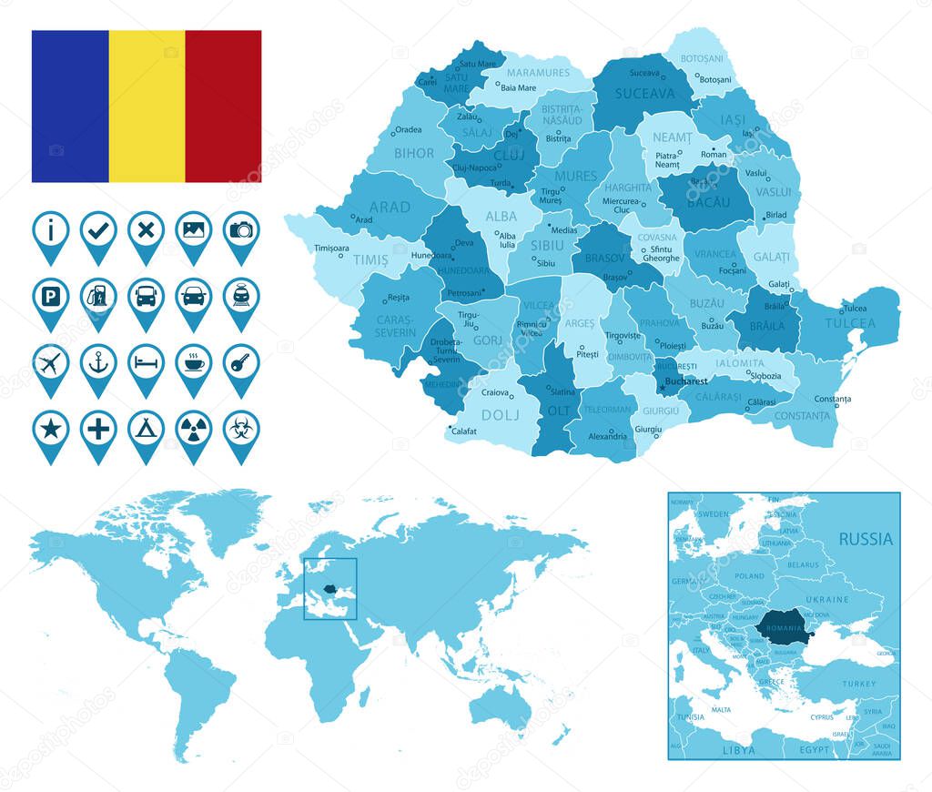 Romania detailed administrative blue map with country flag and location on the world map.