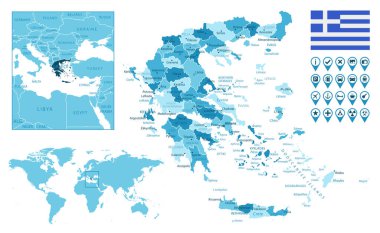 Yunanistan, dünya haritasında ülke bayrağı ve konumuna sahip idari mavi haritayı ayrıntılı olarak açıkladı.