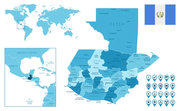 Guatemala detailed administrative blue map with country flag and location on the world map. — Stock Vector