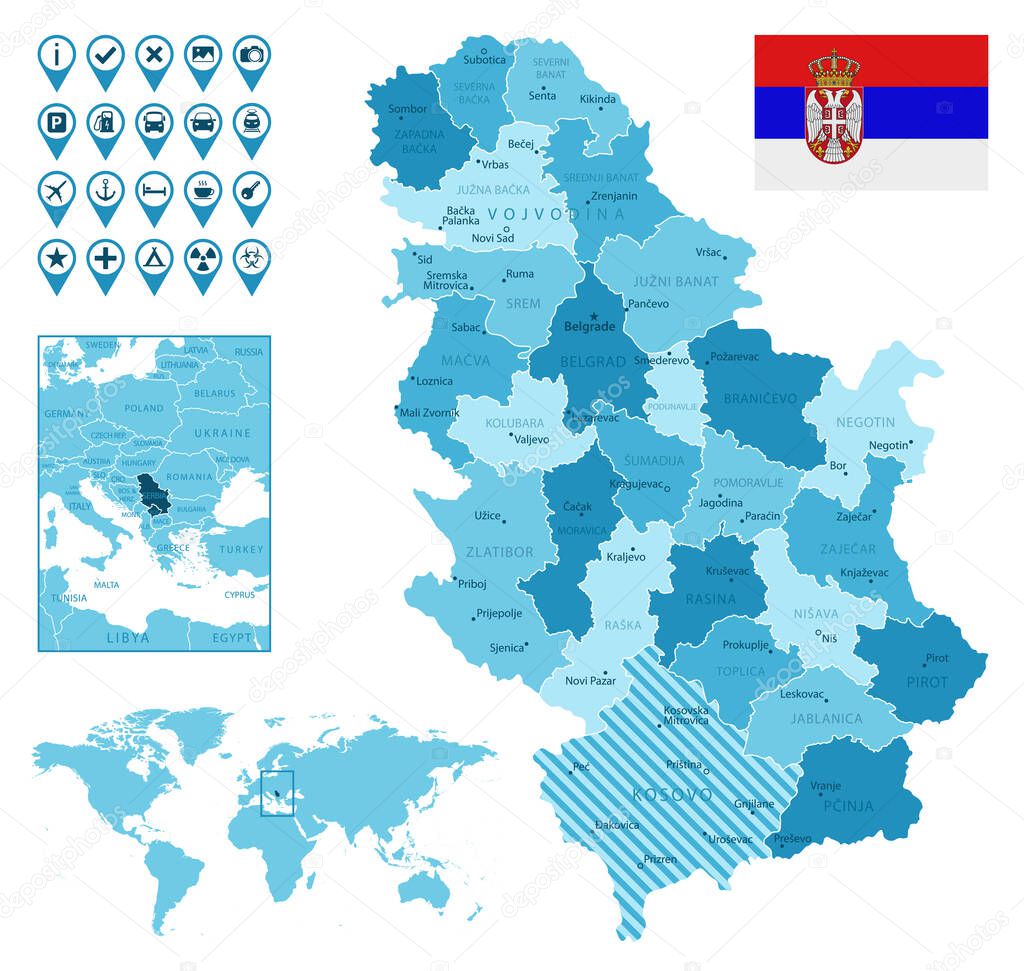 Serbia detailed administrative blue map with country flag and location on the world map.