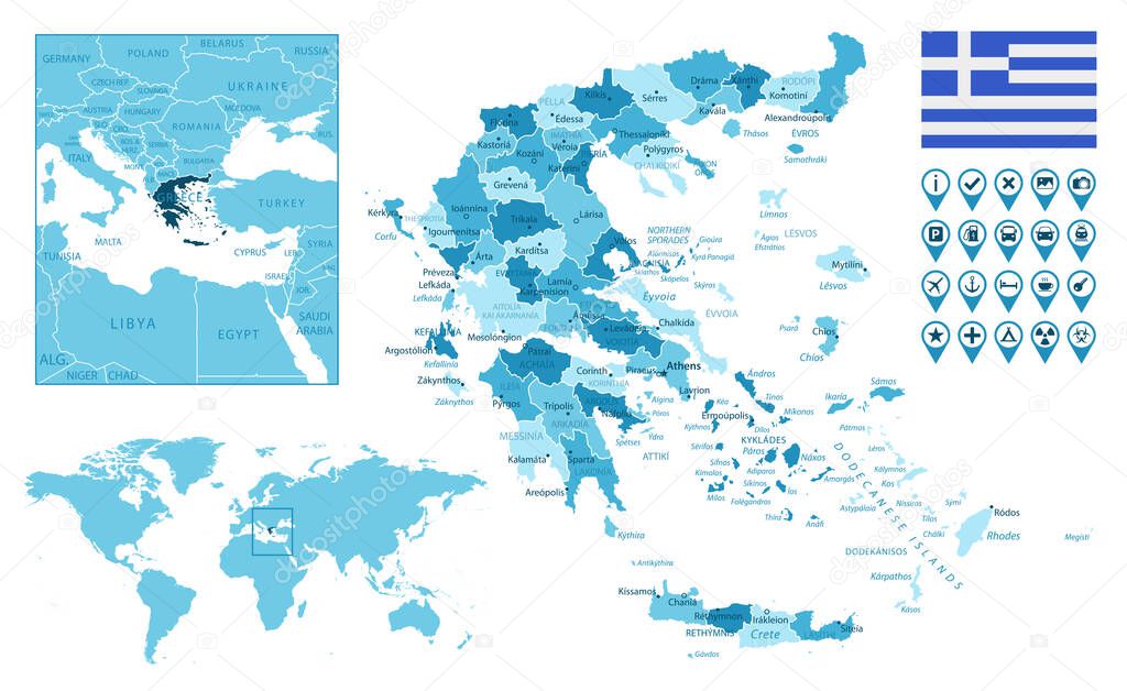 Greece detailed administrative blue map with country flag and location on the world map.