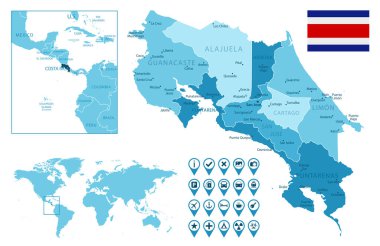 Kosta Rika, ülke bayrağı ve dünya haritasında yeri olan idari mavi haritayı ayrıntılı olarak açıkladı..