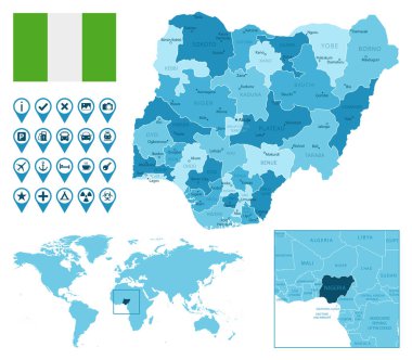 Nijerya, dünya haritasında ülke bayrağı ve konumuna sahip idari mavi haritayı ayrıntılı olarak açıkladı.