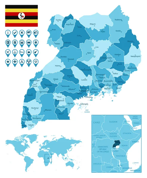 Uganda, dünya haritasında ülke bayrağı ve konumu bulunan idari mavi haritayı ayrıntılı olarak açıkladı.