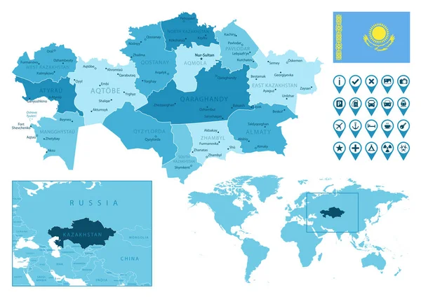 Kazajistán mapa azul administrativo detallado con la bandera del país y la ubicación en el mapa del mundo. — Archivo Imágenes Vectoriales