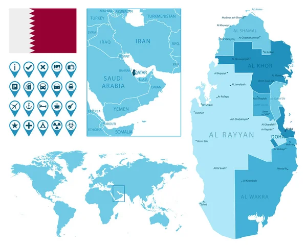 Katar detailní administrativní modrá mapa s vlajkou země a polohou na mapě světa. — Stockový vektor