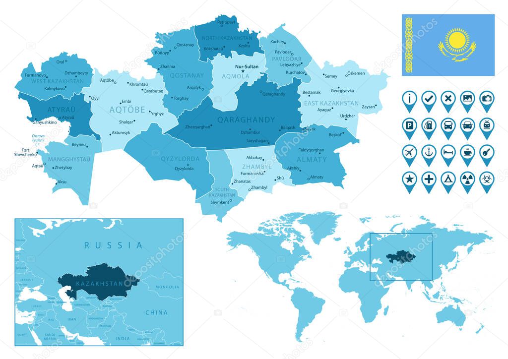 Kazakhstan detailed administrative blue map with country flag and location on the world map.