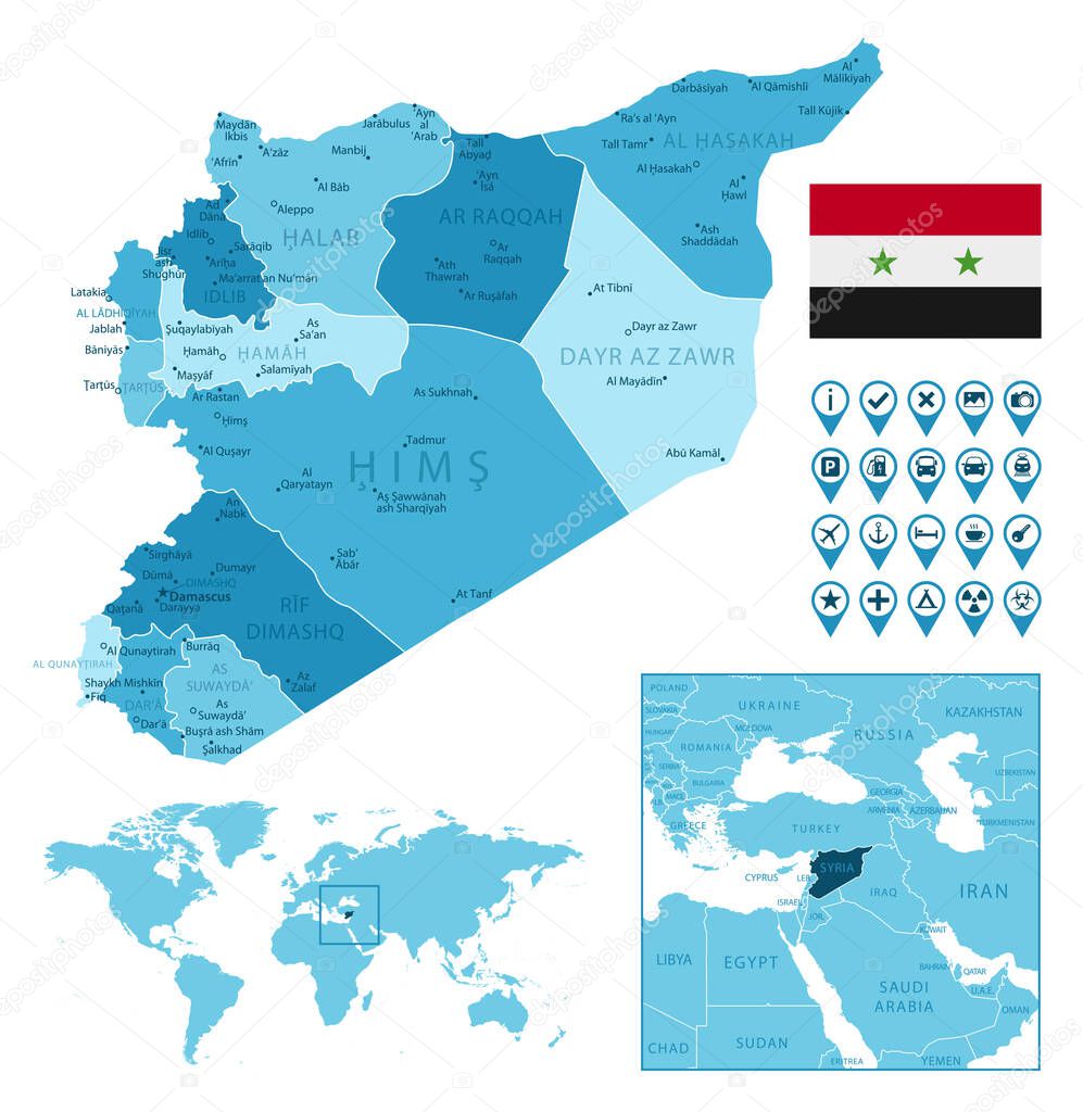 Syria detailed administrative blue map with country flag and location on the world map.
