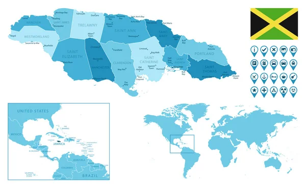 Jamaica mapa azul administrativo detallado con bandera del país y ubicación en el mapa del mundo. — Vector de stock