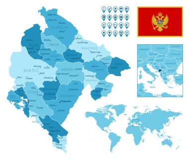 Montenegro detailed administrative blue map with country flag and location on the world map.