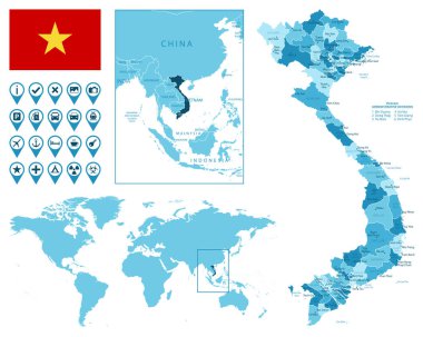 Vietnam detailed administrative blue map with country flag and location on the world map.