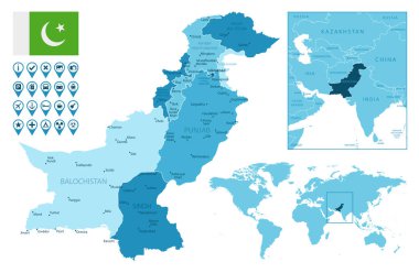 Pakistan detailed administrative blue map with country flag and location on the world map.