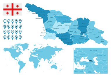 Georgia detailed administrative blue map with country flag and location on the world map.