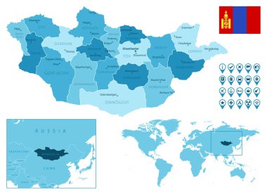 Mongolia detailed administrative blue map with country flag and location on the world map.