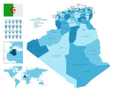Algeria detailed administrative blue map with country flag and location on the world map.
