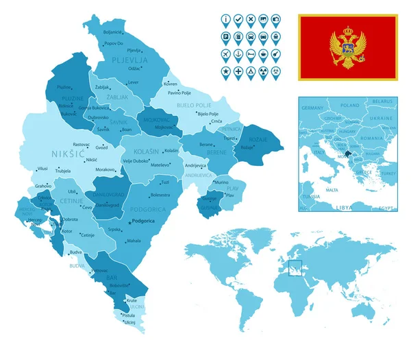 Montenegro detaillierte administrative blaue Karte mit Landesflagge und Lage auf der Weltkarte. — Stockvektor