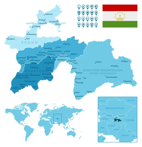Таджикистан детальна адміністративна синя карта з прапором країни та місцем розташування на карті світу.. — стоковий вектор
