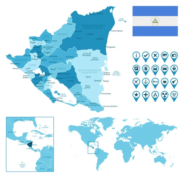 Nicaragua detaillierte administrative blaue Karte mit Landesflagge und Lage auf der Weltkarte. — Stockvektor