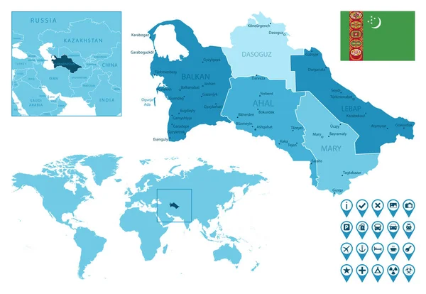 Turkmenistan gedetailleerde administratieve blauwe kaart met landvlag en locatie op de wereldkaart. — Stockvector