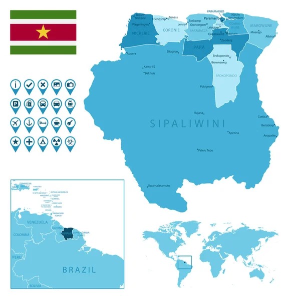Surinam mapa azul administrativo detallado con bandera del país y ubicación en el mapa del mundo. — Vector de stock