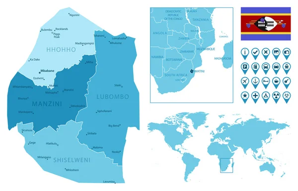 Eswatini mapa azul administrativo detallado con bandera del país y ubicación en el mapa del mundo. — Vector de stock