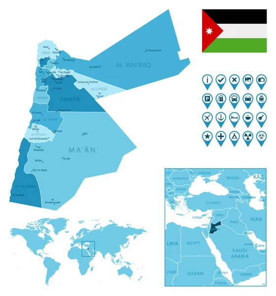Иордания детальная административная синяя карта с флагом страны и расположением на карте мира. — стоковый вектор