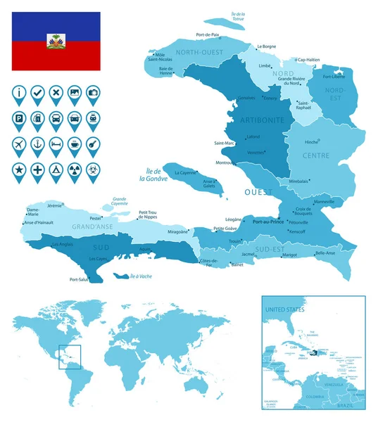Haití mapa azul administrativo detallado con bandera del país y ubicación en el mapa del mundo. — Vector de stock