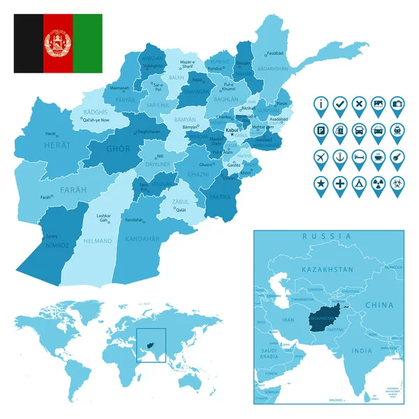 Afganistán mapa azul administrativo detallado con bandera del país y ubicación en el mapa del mundo. — Vector de stock