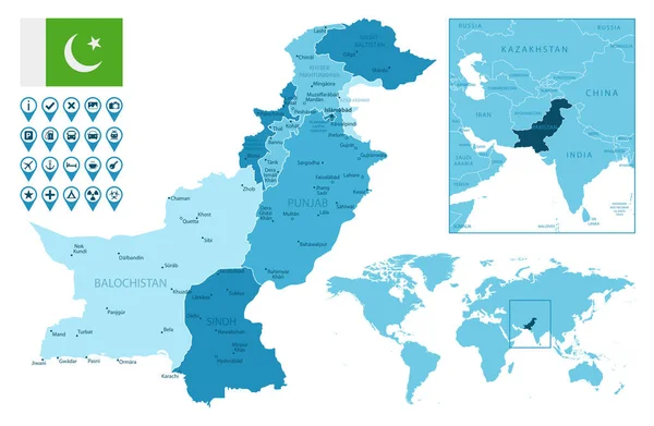 Pakistán mapa azul administrativo detallado con bandera del país y ubicación en el mapa del mundo. — Vector de stock