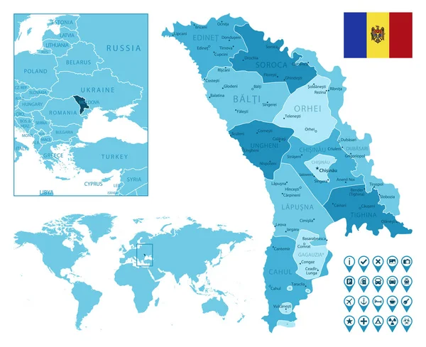 Молдова детальная административная синяя карта с флагом страны и расположением на карте мира. — стоковый вектор