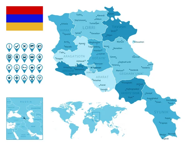 Armenia detailed administrative blue map with country flag and location on the world map. — Vetor de Stock