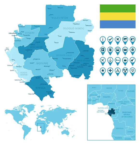 Gabón mapa azul administrativo detallado con bandera del país y ubicación en el mapa del mundo. — Archivo Imágenes Vectoriales