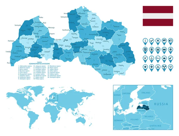 Lettland detaillierte administrative blaue Karte mit Landesflagge und Lage auf der Weltkarte. — Stockvektor