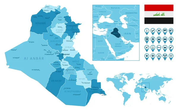 Ирак детальная административная синяя карта с флагом страны и расположением на карте мира. — стоковый вектор